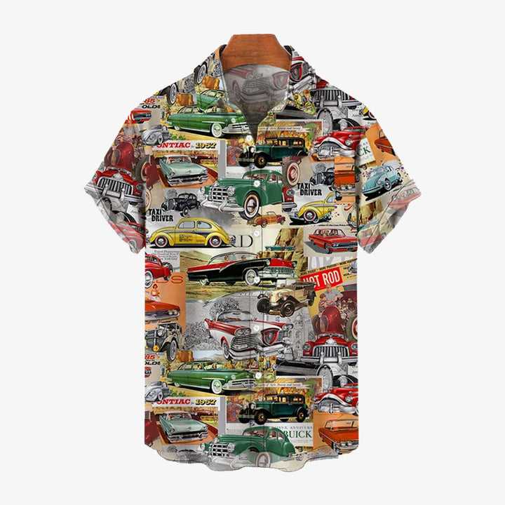 Vintage Classic Car Newspaper Print Bamboo Linen Short Sleeve Shirt