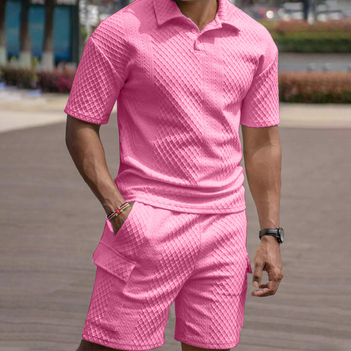 Men's Solid Color Textured Fabric Short-Sleeved Polo Shorts Suit