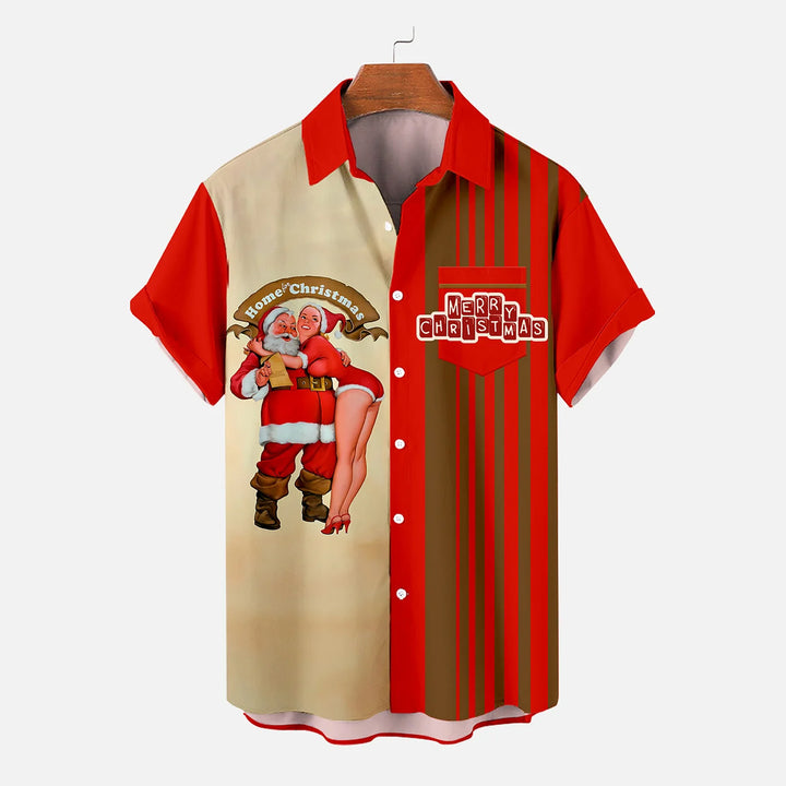 Christmas Santa Claus and Girl Print Short Sleeve Shirt