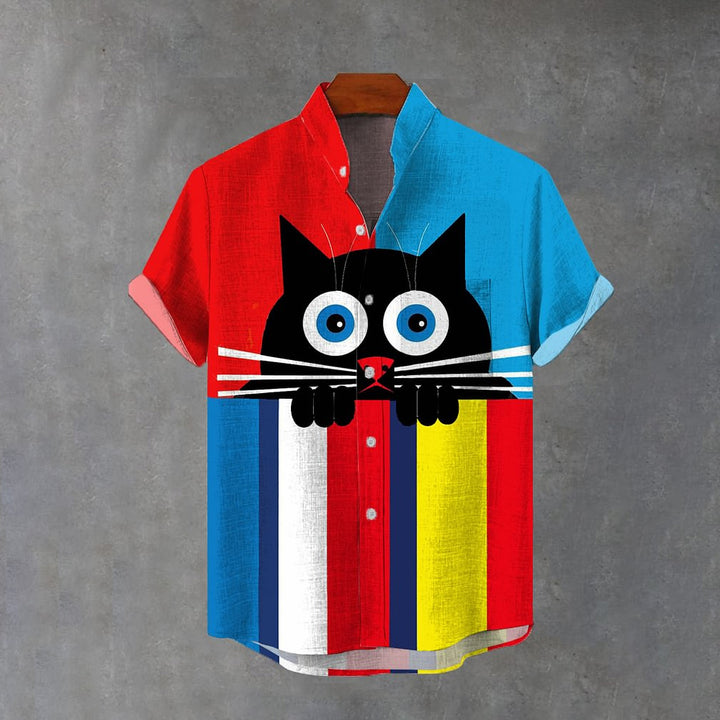 Colorful Stripes And Cute Black Cat Printing Breast Pocket Cotton Linen Short Sleeve Shirt