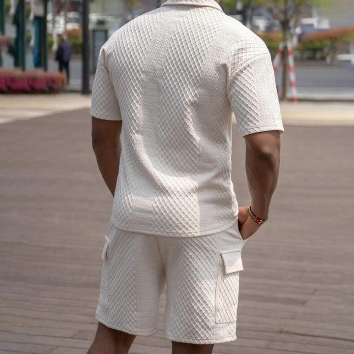 Men's Solid Color Textured Fabric Short-Sleeved Polo Shorts Suit