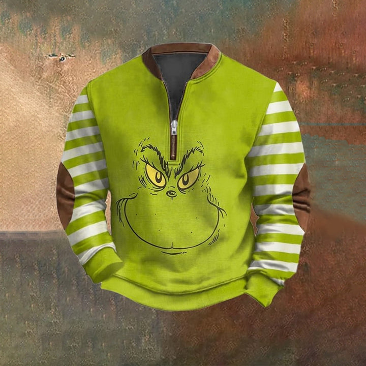 Christmas Cartoon Green Monster Stripe Zipper Neck Casual Sweatshirt