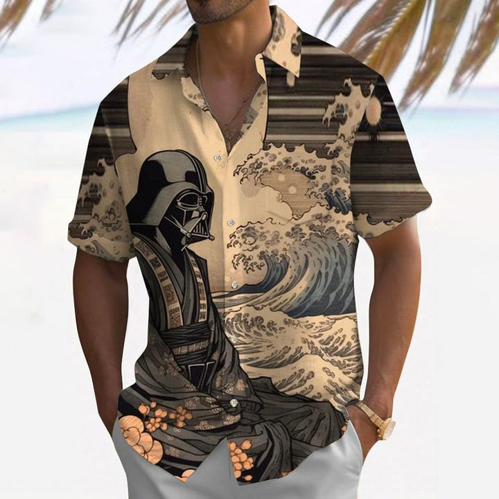 Ukiyo-e Warrior Print Large Bamboo Linen Short Sleeve Shirt 2406000412