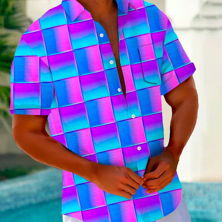 Hawaiian Geometric Gradient 3D Print Men's Button Pocket Short Sleeve Shirt