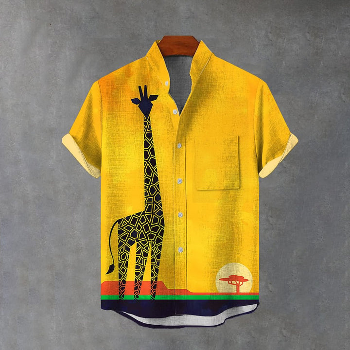 Yellow Wilderness And Giraffe Printing Breast Pocket Cotton Linen Short Sleeve Shirt