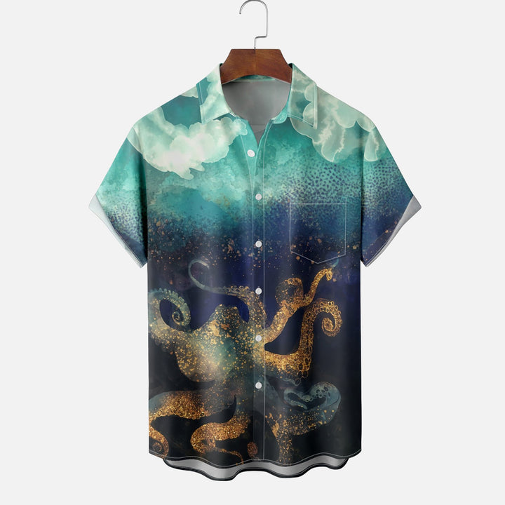 Hawaiian Octopus Button Pocket Short Sleeve Shirt