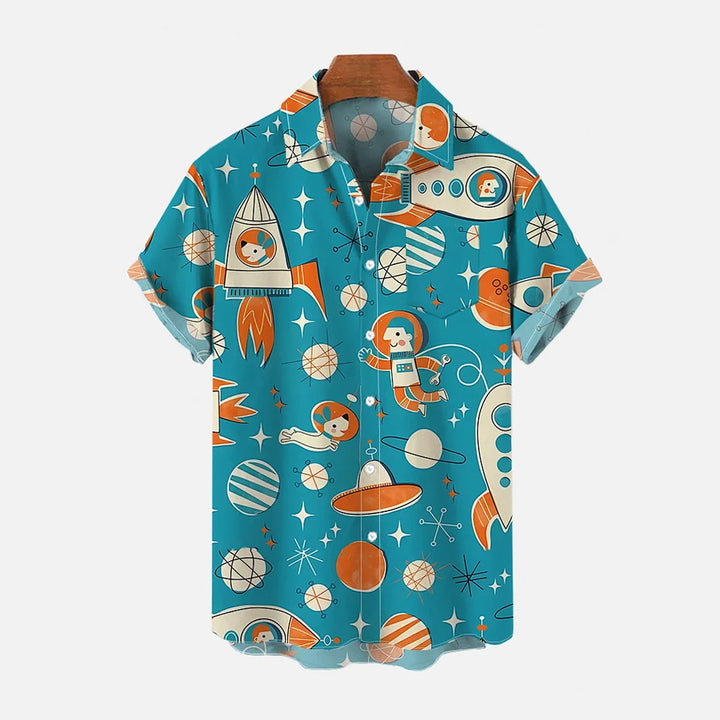 Geometric Cat Spaceship Casual Short Sleeve Shirt