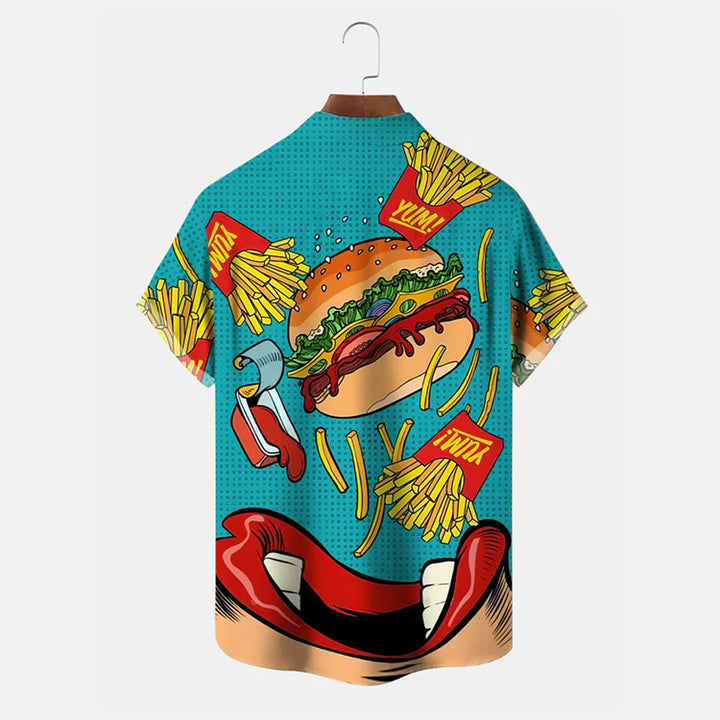 Fries Burger Vintage Button Pocket Casual Short Sleeve Shirt