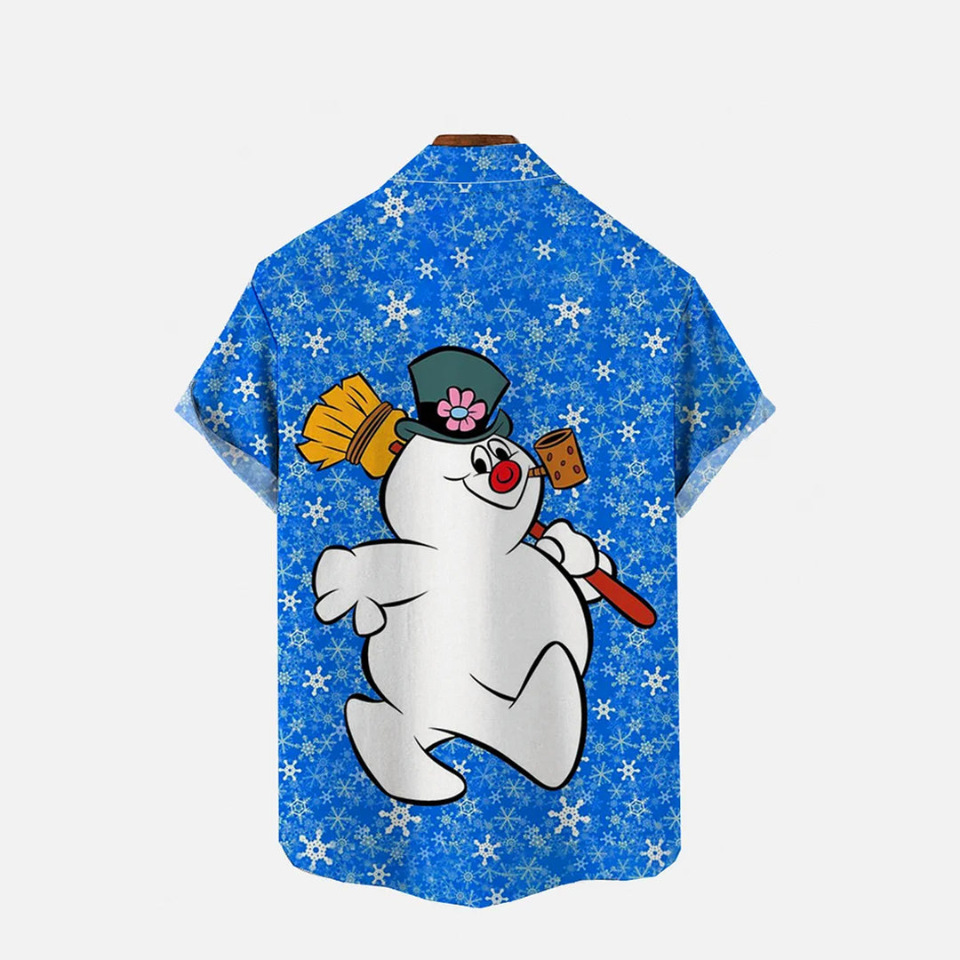 Christmas Snowman Cartoon Print Men's Button Pocket Short Sleeve Shirt