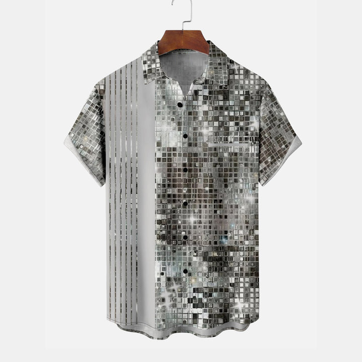 Moisture-wicking Party Sequin Print Chest Pocket Bowling Shirt