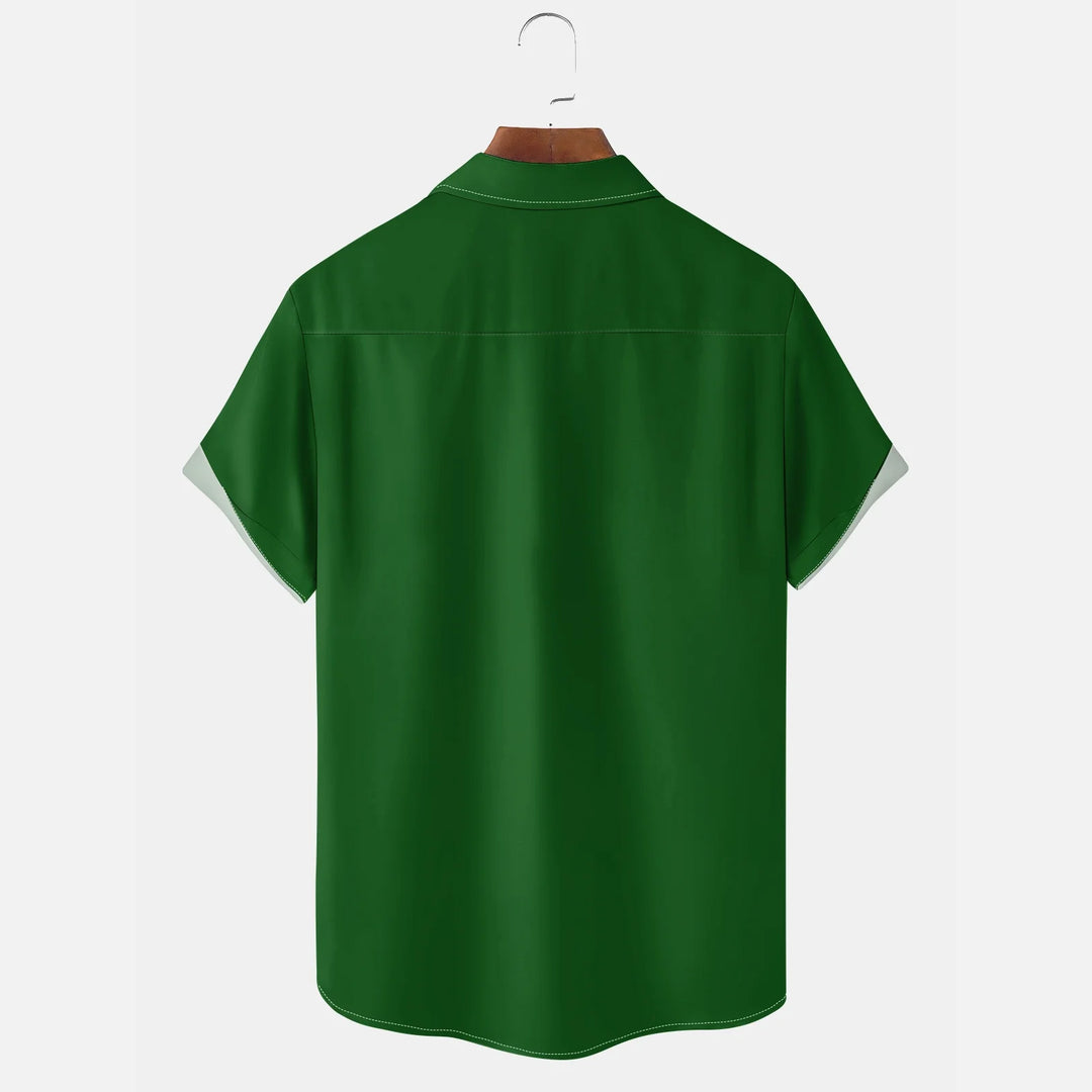 St. Patrick's Day Gnome Clover Green Chest Pocket Bowling Shirt