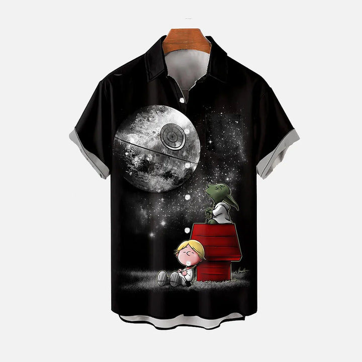 Sci-Fi Cartoon Holiday Elements Snowflakes And Red House Prints Short-Sleeved Shirt