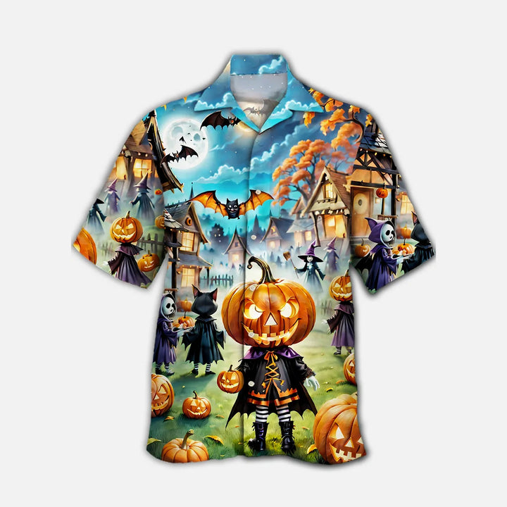 Halloween Pumpkin Ghost Park Cuban Collar Short Sleeve Shirt