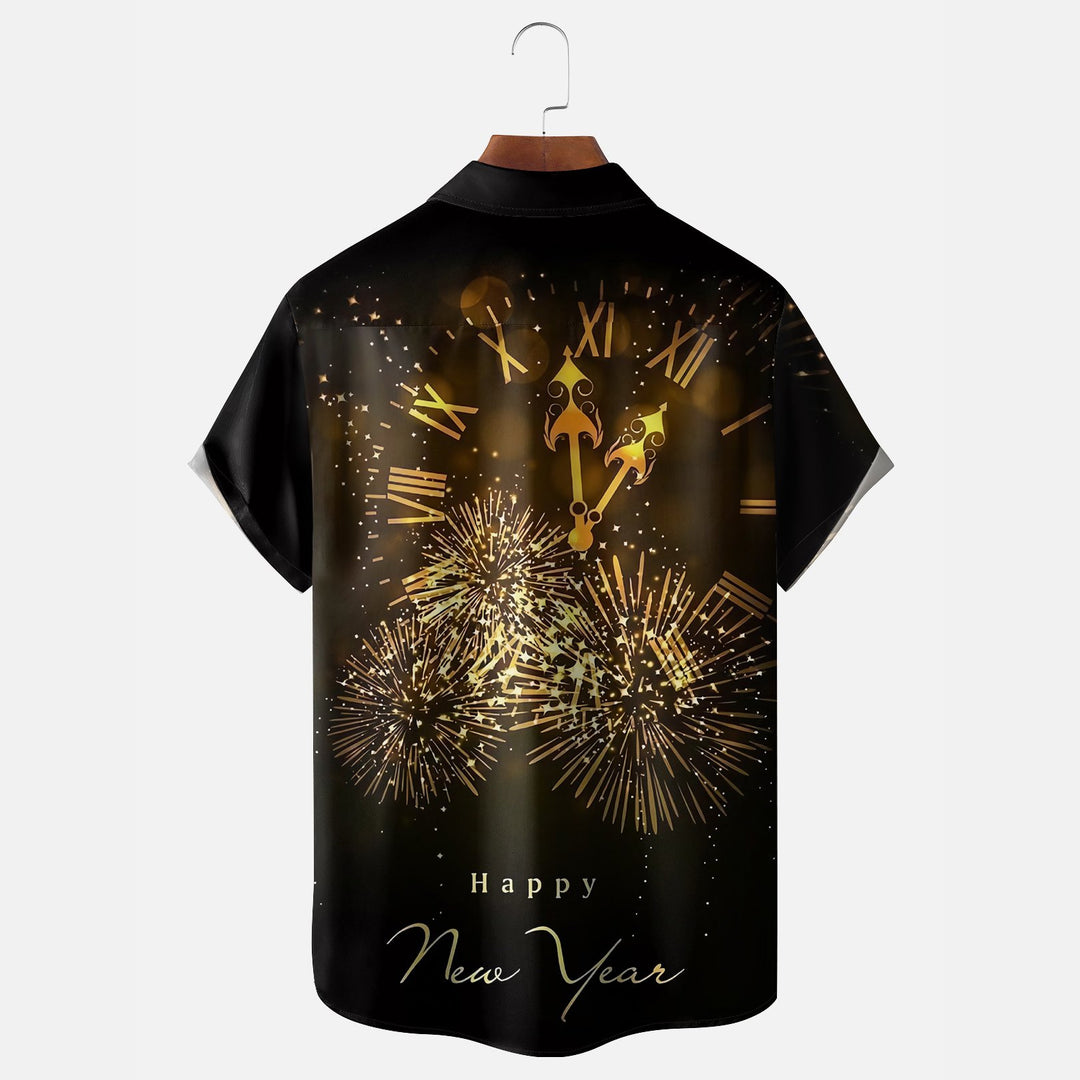 Happy New Year Clock Fireworks Breast Pocket Hawaiian Shirt