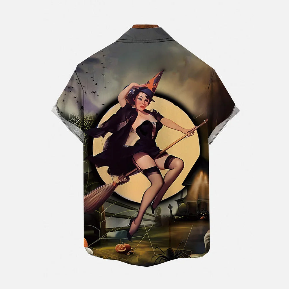 Halloween Broomstick and Witch Casual Short Sleeve Shirt