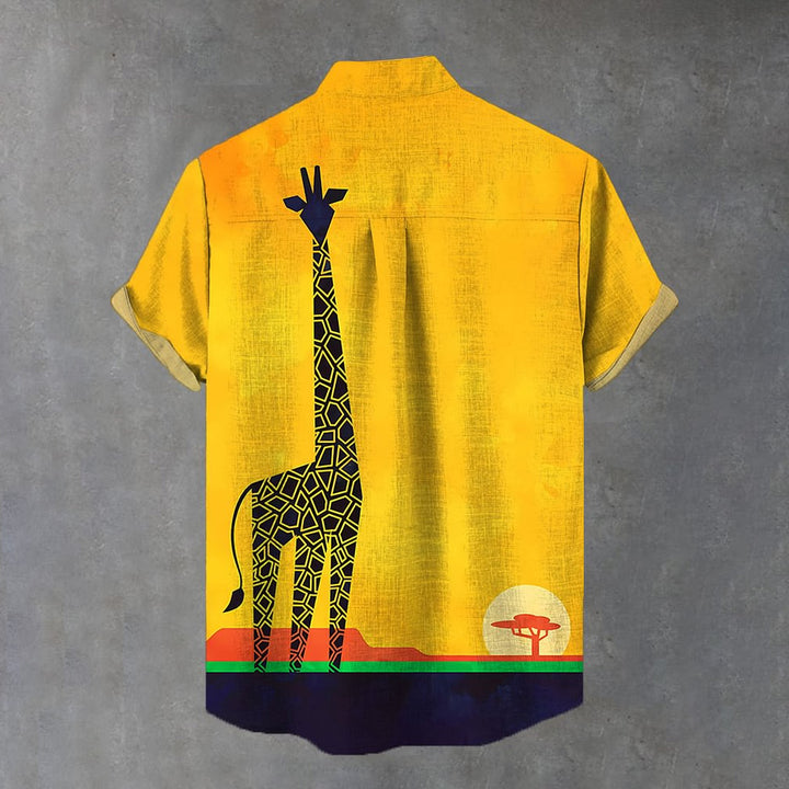 Yellow Wilderness And Giraffe Printing Breast Pocket Cotton Linen Short Sleeve Shirt