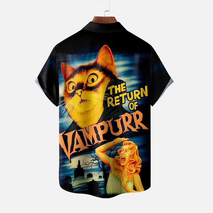 Halloween Vampire Cat Breathable Linen Short Sleeve Shirt