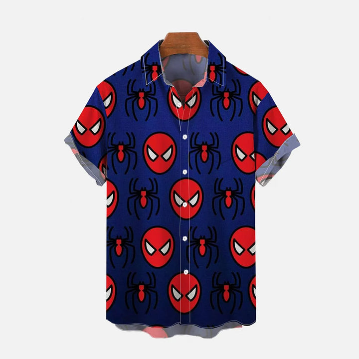 Gradient Blue Halloween Spider Pattern Linen Short Sleeve Shirt