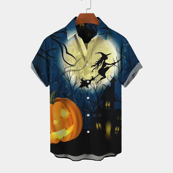 Halloween Witch Pumpkin Print Casual Short Sleeve Shirt