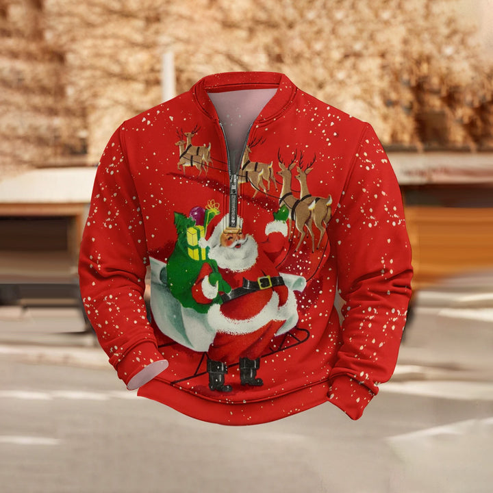 Santa Claus Elk Print Half Zip Sweatshirt 2410006196