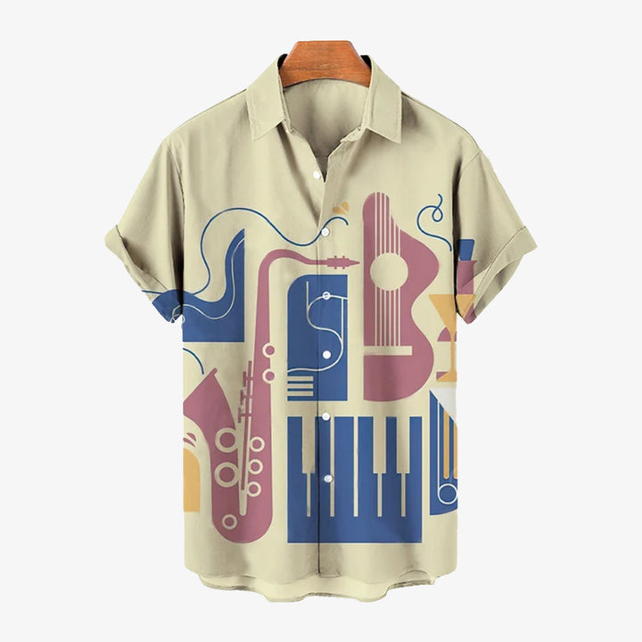 Printed Musical Instrument Notes Casual Short Sleeve Shirt