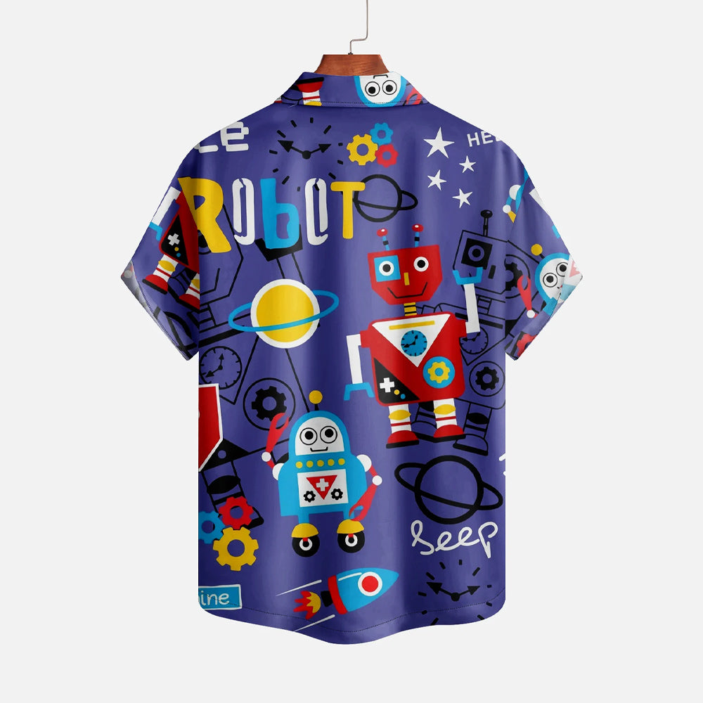 Cartoon Robot Print Cuban Collar Shirt