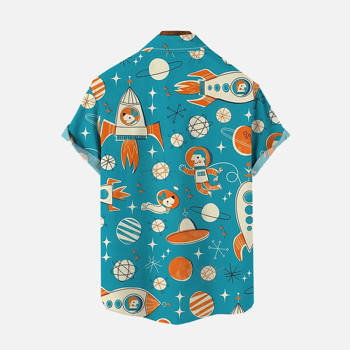 Geometric Cat Spaceship Casual Short Sleeve Shirt