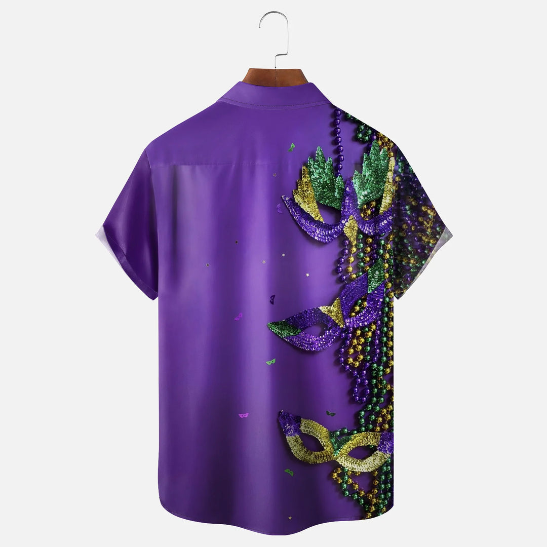 Mardi Gras Art Mask Purple Chest Pocket Hawaiian Shirt