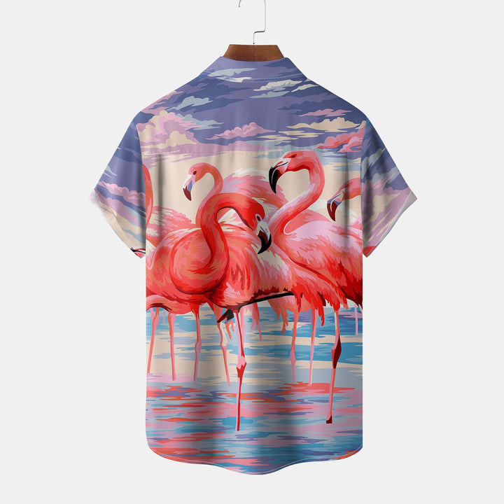 Men's Flamingo Cartoon Casual Short Sleeve Shirt