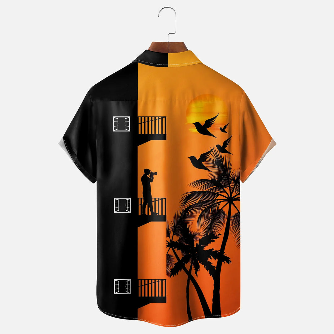 Coconut Tree Silhouette Chest Pocket Casual Shirt