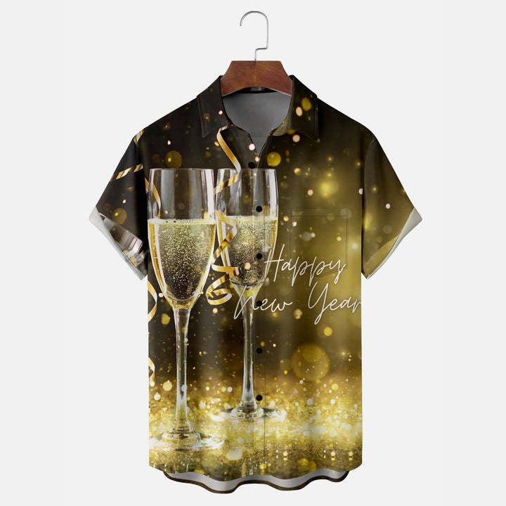 Happy New Year Wine Glass Fireworks Breast Pocket Hawaiian Shirt