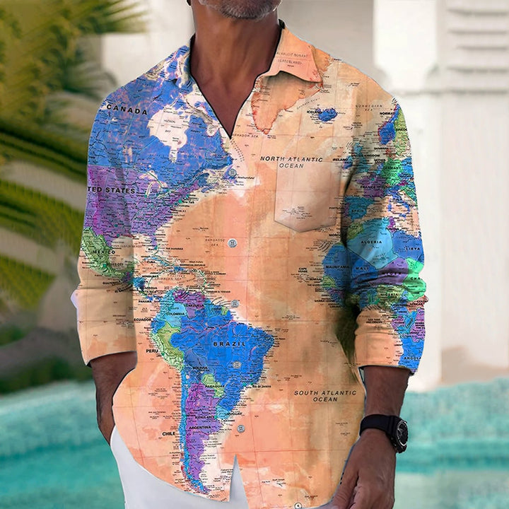 Vintage Map Multicolor Long-Sleeved Shirt
