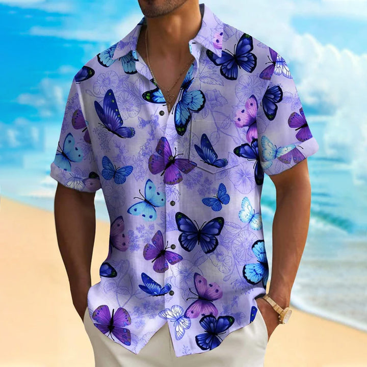 Purple Men's Hawaiian Shirt Butterfly Tropical Flower Print Casual Shirt
