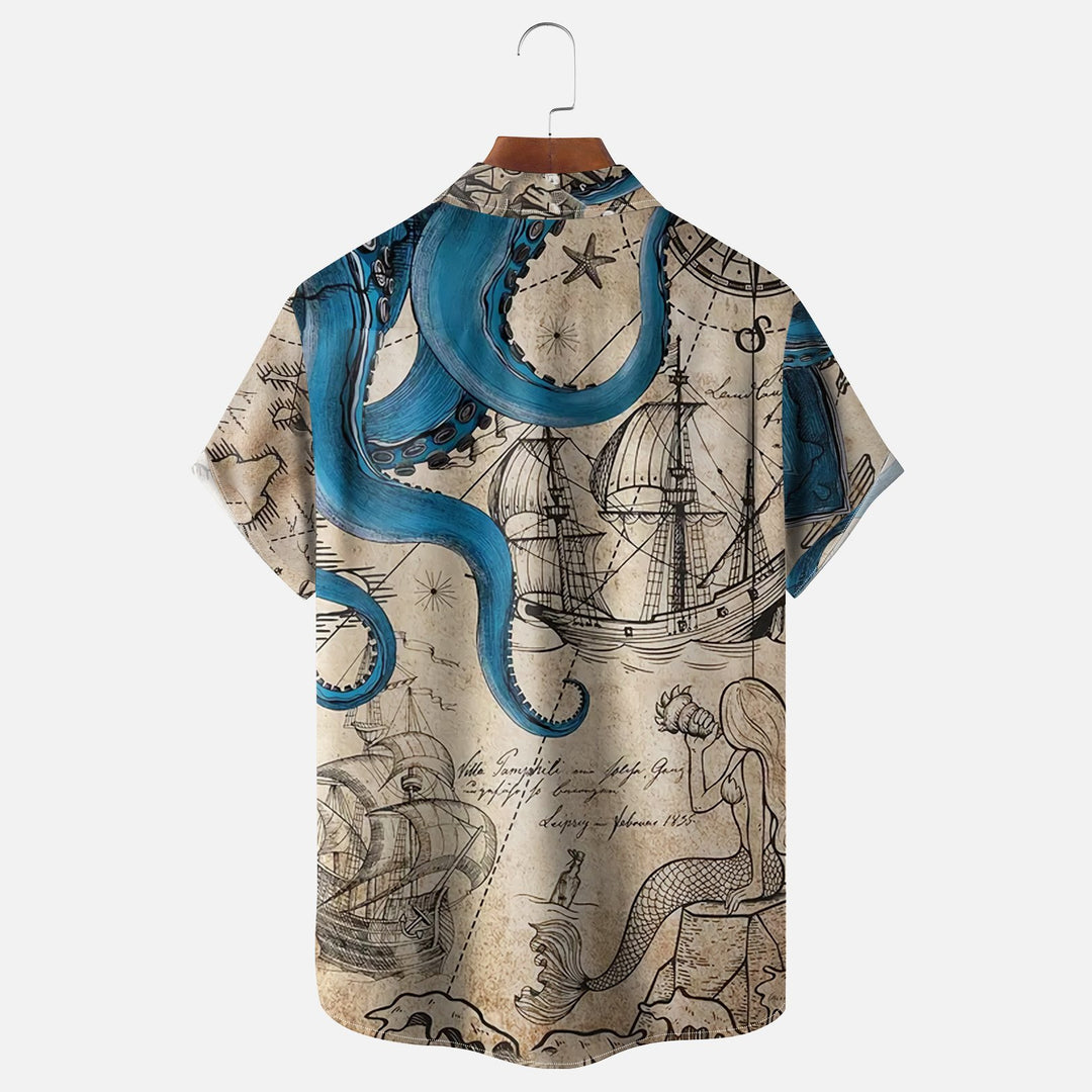 Men's Octopus Map Chest Pocket Plus Size Casual Shirt