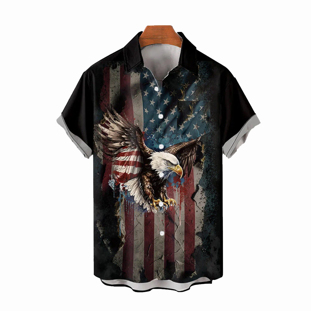 Vintage Independence Day 4th Of July Flying Eagle And American Flag Print Shirt 2406000084