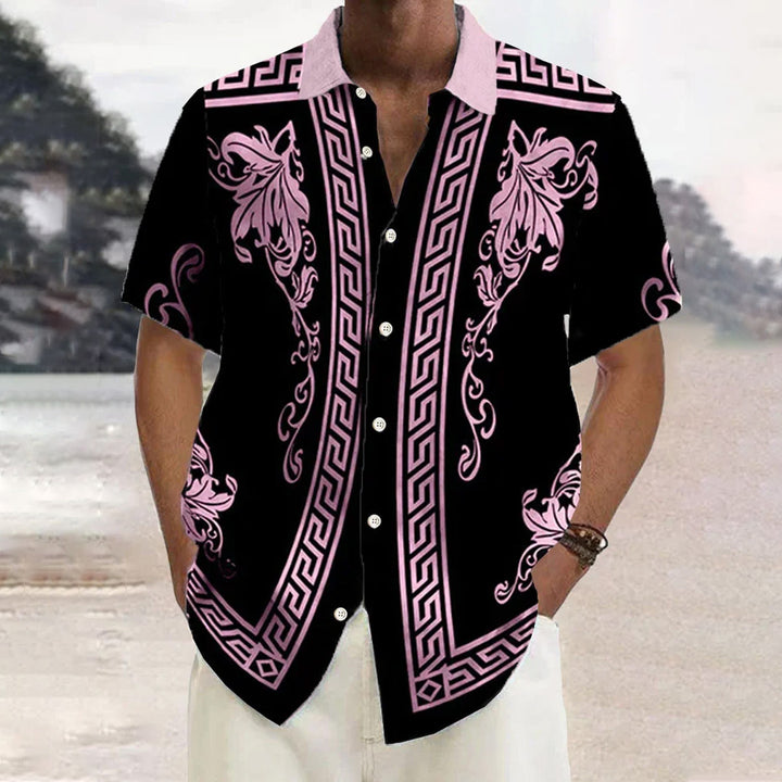 Retro Geometric Gold Floral Print  Casual Vacation Shirt 2406000698