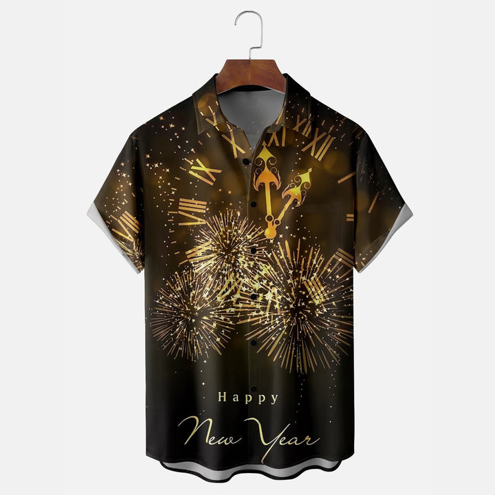 Happy New Year Clock Fireworks Breast Pocket Hawaiian Shirt