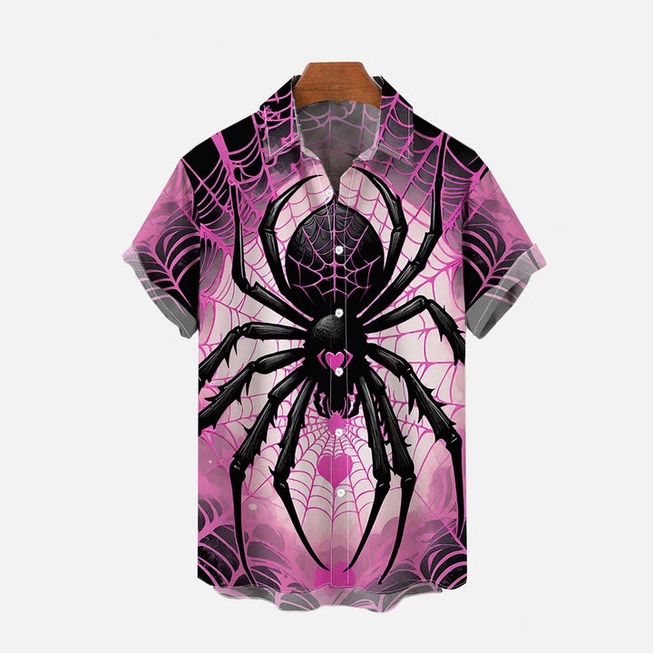 Valentine's Day Pink Spider Web and Spider Print Short Sleeve Shirt