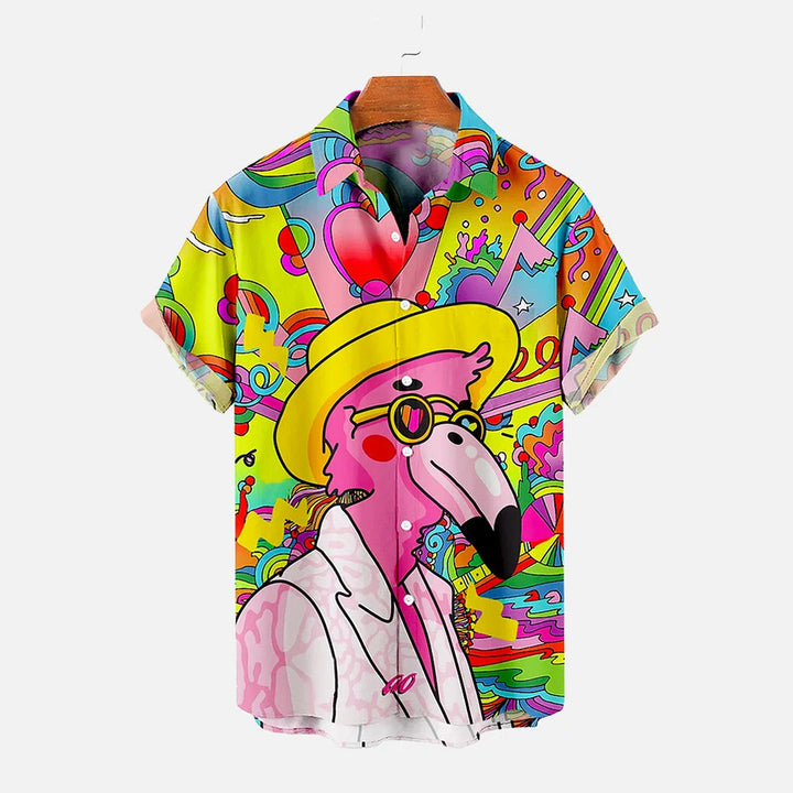 Psychedelic Rock Flamingo Print Hawaiian Short Sleeve Shirt