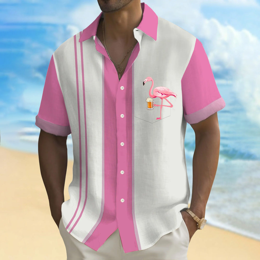 Flamingo Stripe Print Casual Short Sleeve Shirt