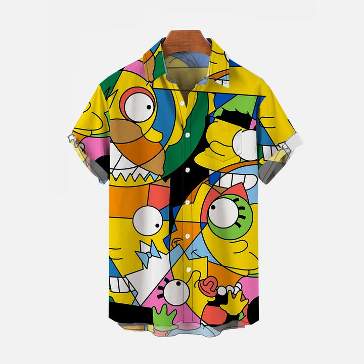 Graffiti Color Block Cartoon Character Short Sleeve Shirt