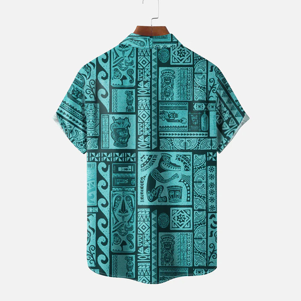 Hawaiian Tribal Pattern Tiki Casual Short Sleeve Shirt