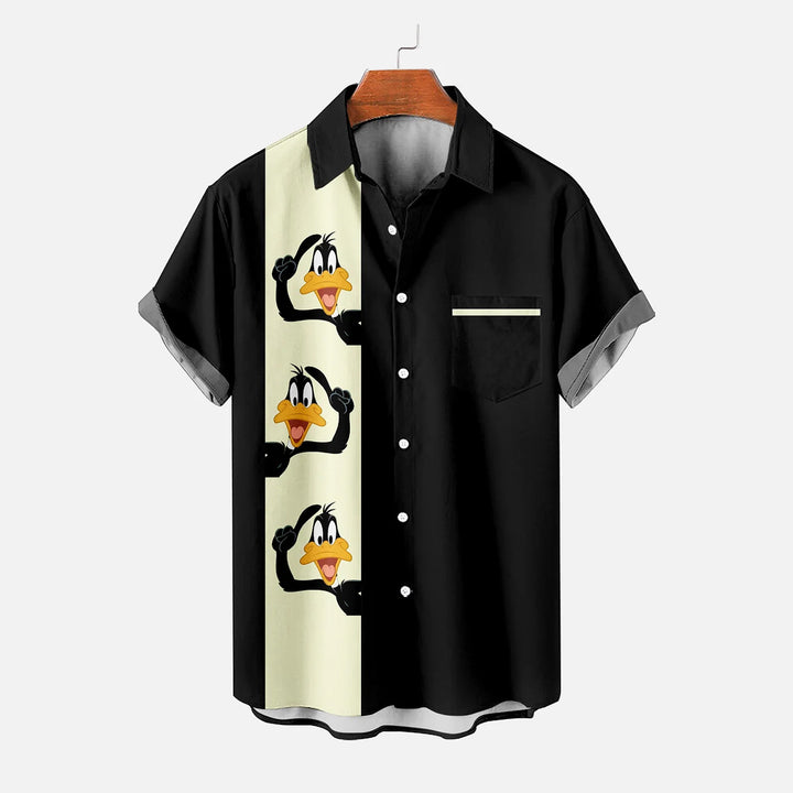 Classic Cartoon Duck Stripe Short Sleeve Casual Bowling Shirt