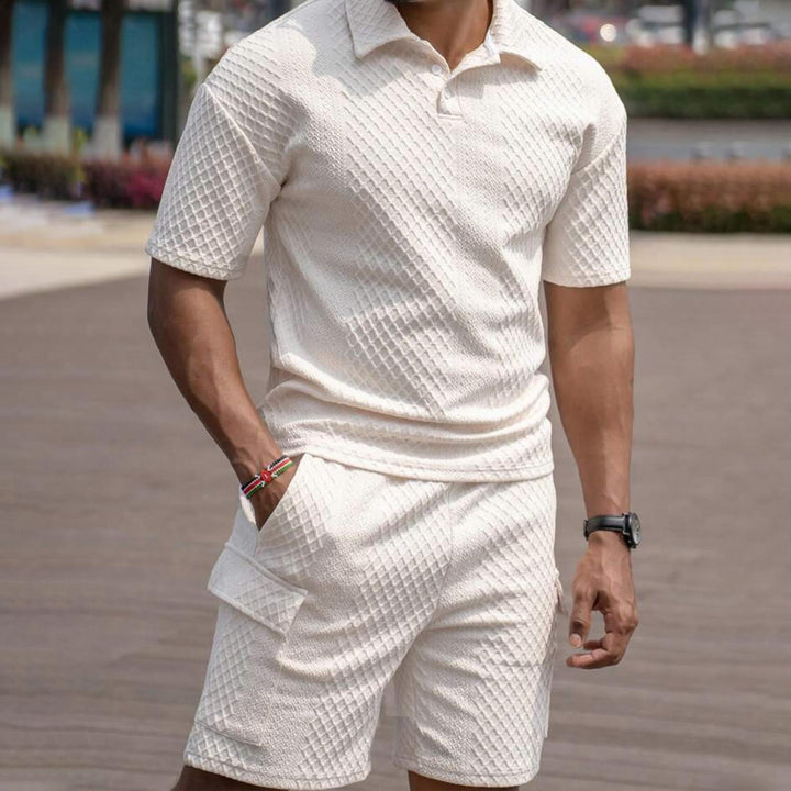 Men's Solid Color Textured Fabric Short-Sleeved Polo Shorts Suit