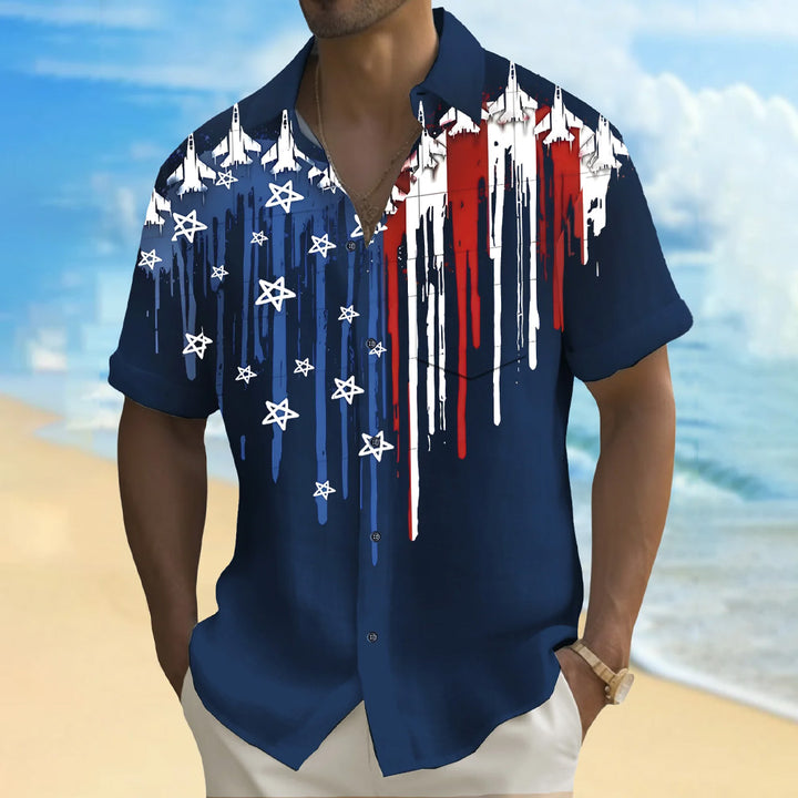 Airplane Flag Print Bamboo Hemp Large Size Short Sleeve Shirt