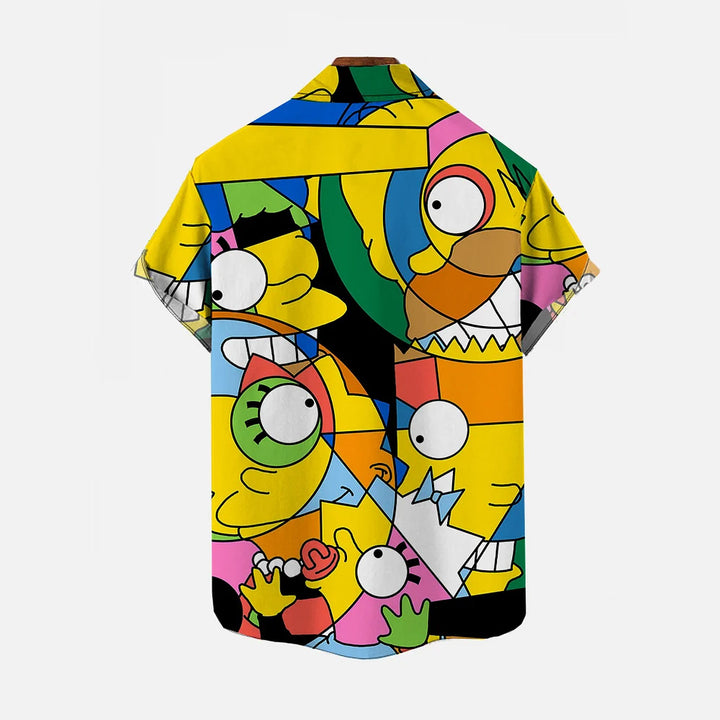 Graffiti Color Block Cartoon Character Short Sleeve Shirt