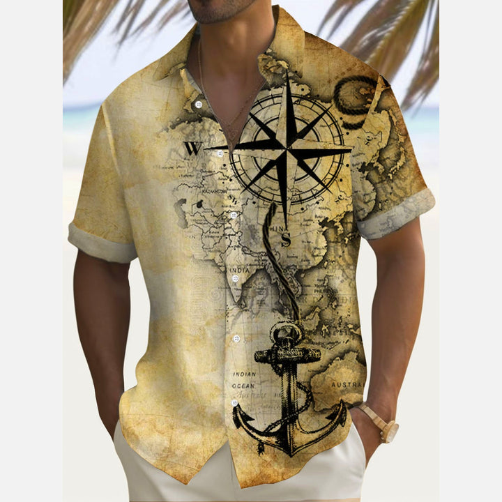 Vintage Nautical Art Compass Anchor Print Pocket Shirt 2412005114