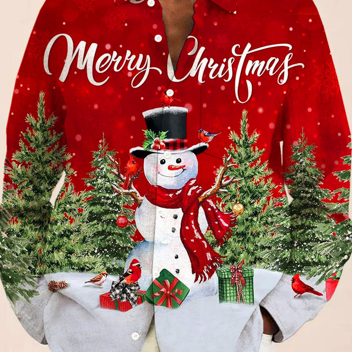 Christmas Snowman Print Men's Button Pocket Long Sleeve Shirt