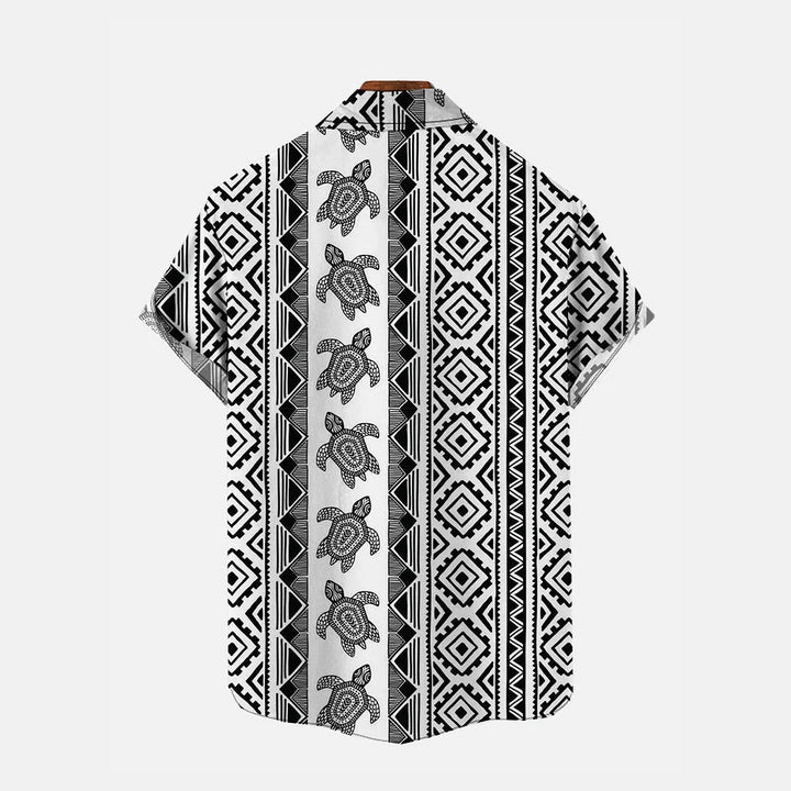 National Style Ethnic Geometric Pattern And Turtle Printing Short Sleeve Shirt