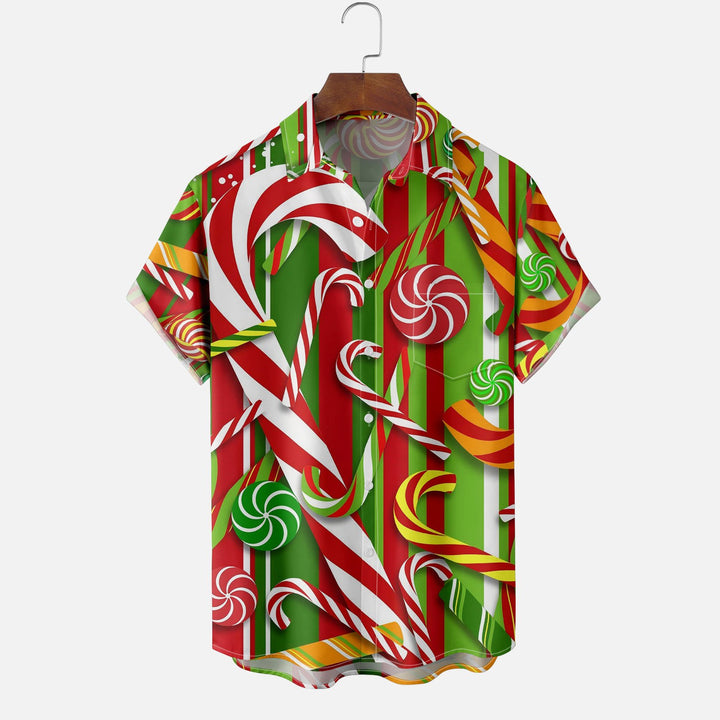 Christmas Candy Cane Chest Pocket Short Sleeve Shirt